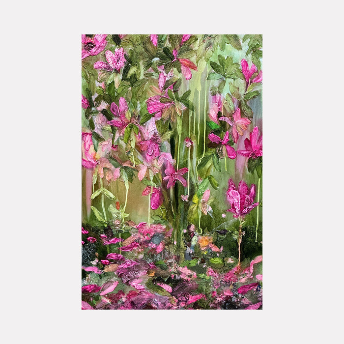 The artwork 'Magnolia Falling' by Rachel Kohn features vibrant pink magnolia blooms cascading against a soft green background. Abstract brushstrokes in acrylic and oil create a dreamy, fluid effect with dripping paint technique. Delicate ink details highlight the floral forms, creating depth and movement across the 36x24 inch canvas.