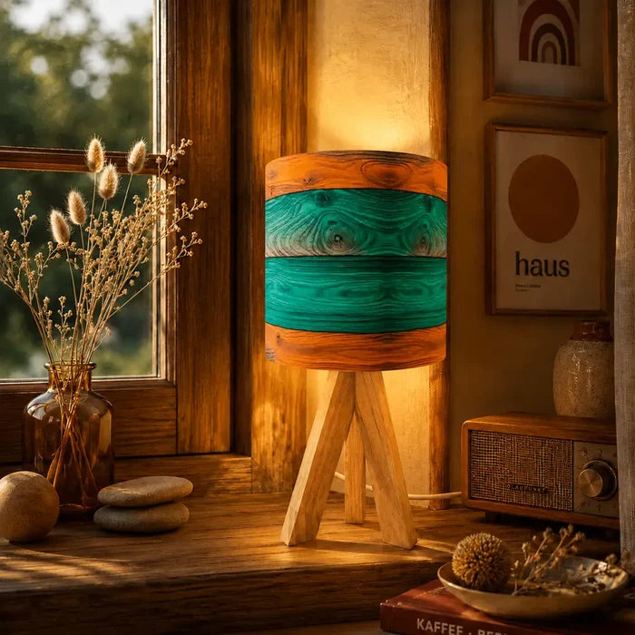 Midcentury Modern Wooden Tripod Table Lamp – Blue Brown Linen Shade - retro table lamps