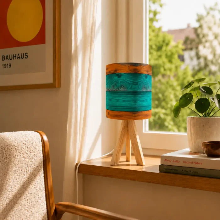Midcentury Modern Wooden Tripod Table Lamp – Blue Brown Linen Shade - retro table lamps