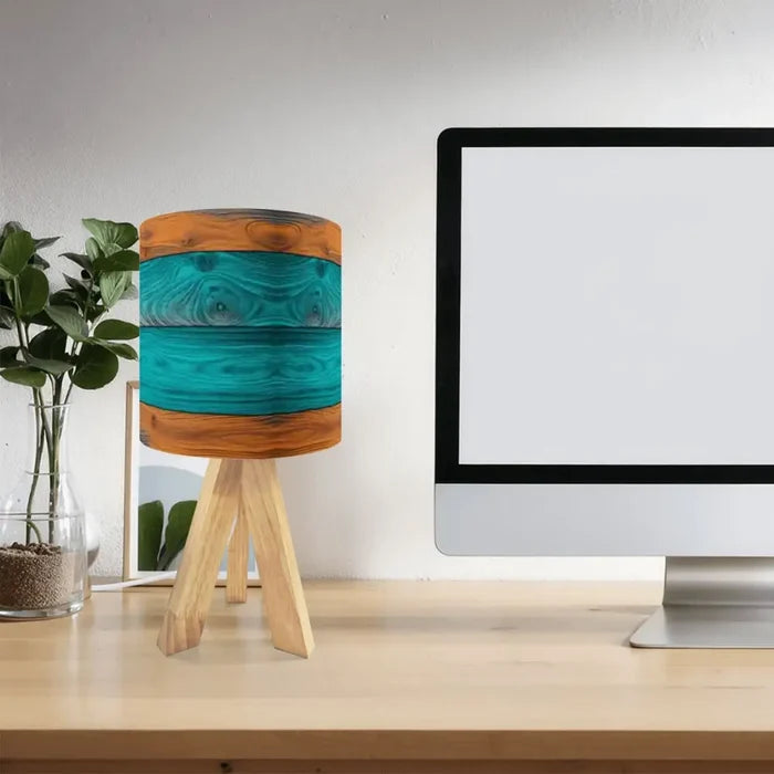 Midcentury Modern Wooden Tripod Table Lamp – Blue Brown Linen Shade - retro table lamps