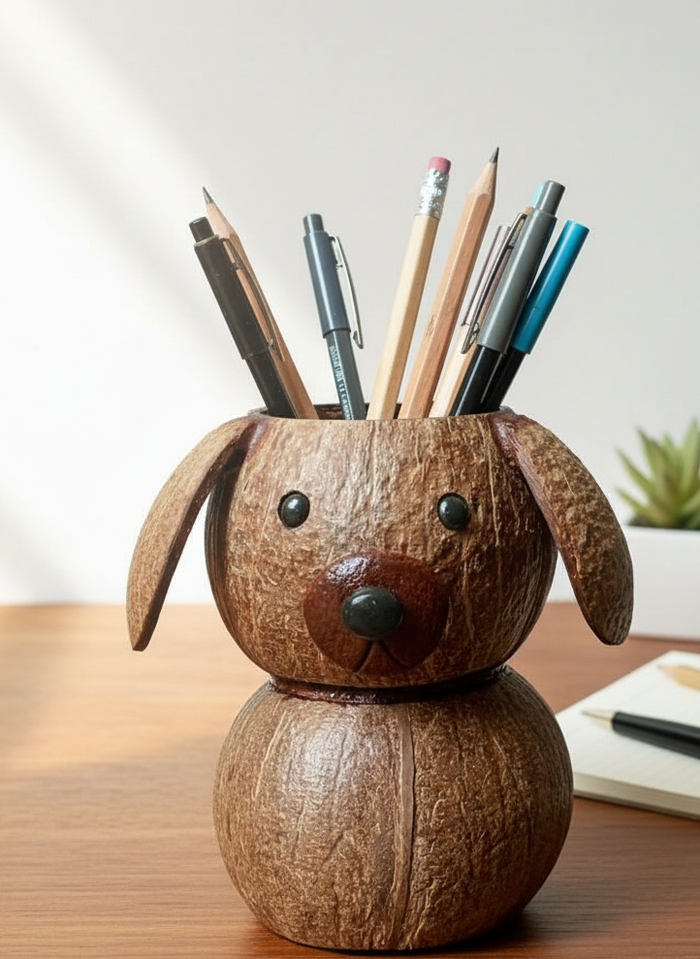 Wooden dog-shaped pen holder with pencils on a desk