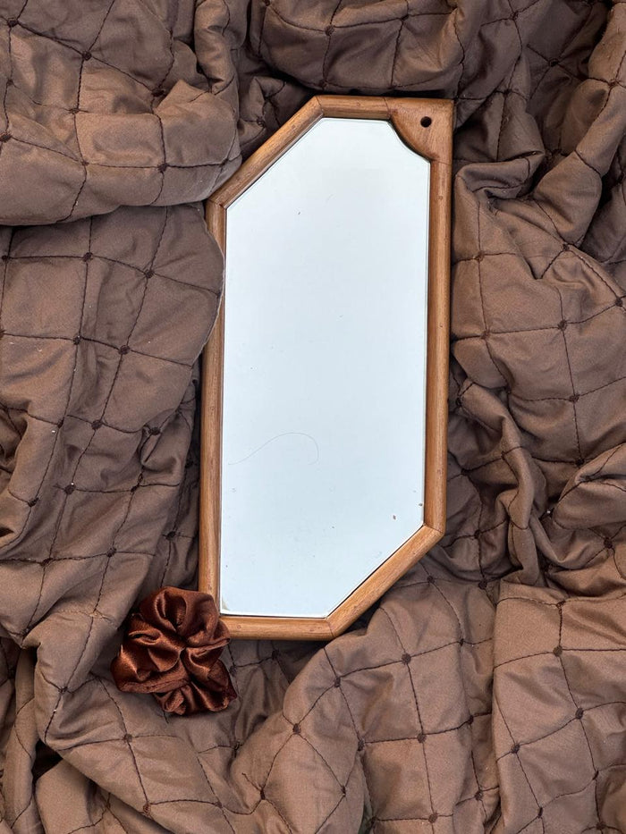 A rectangular mirror with a wooden frame, hanging on a wall with a few leaves placed in front of it, giving the appearance of a flower vase.