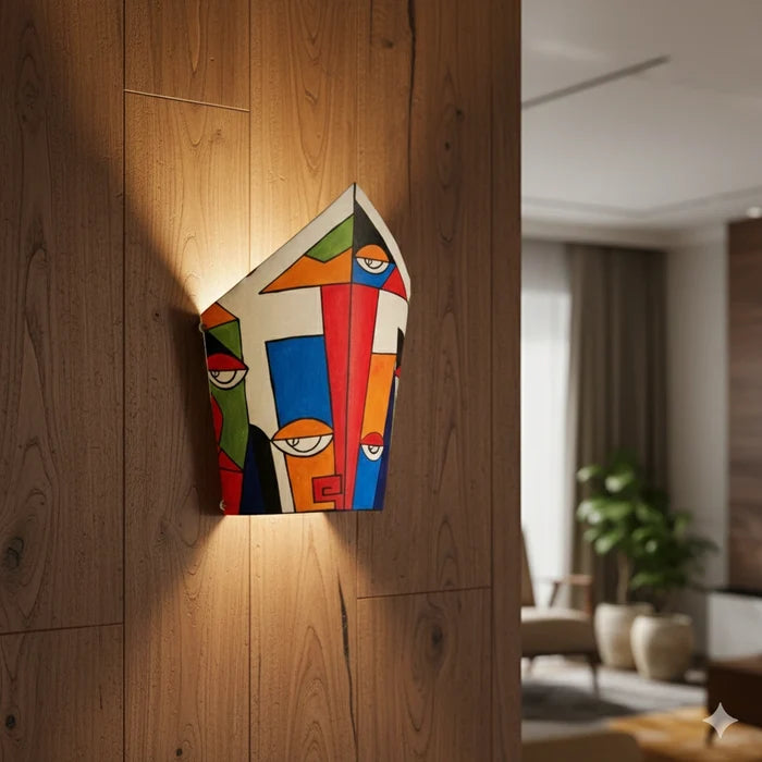 Colorful abstract wall art on a wooden wall in a modern living room.