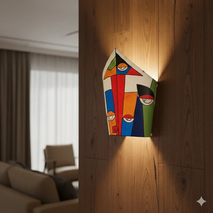 Colorful abstract wall art on a wooden wall in a living room.