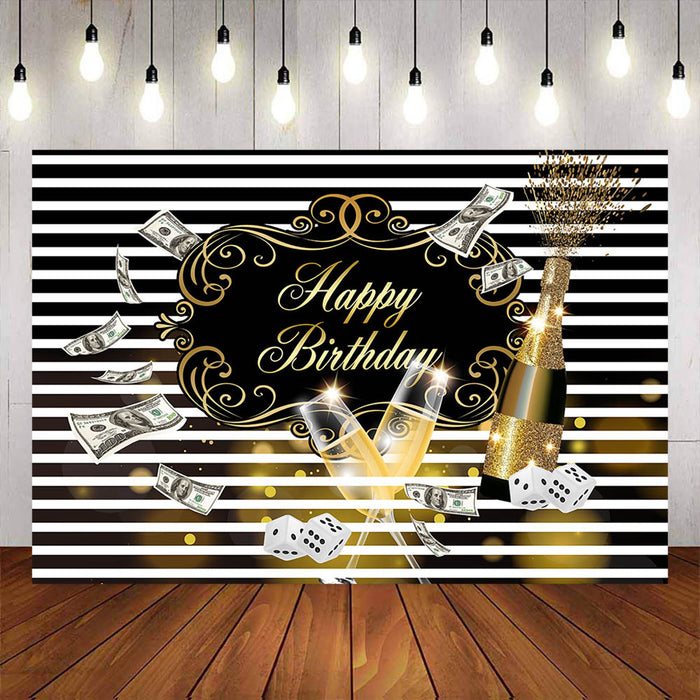 Mocsicka Dollars and Champagne Stripes Happy Birthday Backdrop-Mocsicka Party
