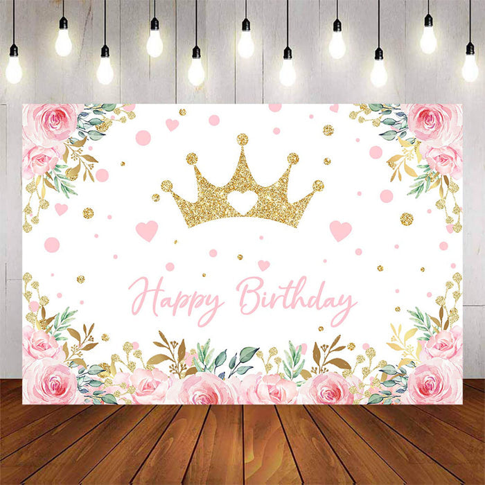 Mocsicka Pink Flowers and Gold Crown Happy Birthday Background-Mocsicka Party