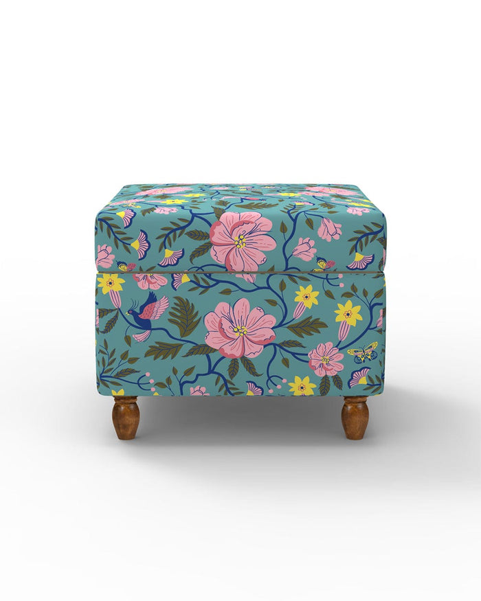 Chumbak Modern Trunk Storage Ottoman - Spring Bloom Teal