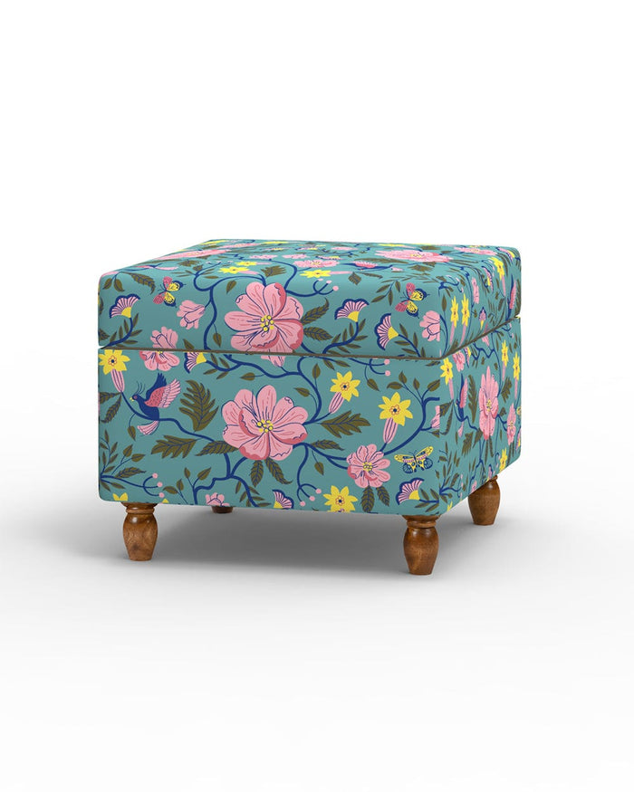 Chumbak Modern Trunk Storage Ottoman - Spring Bloom Teal