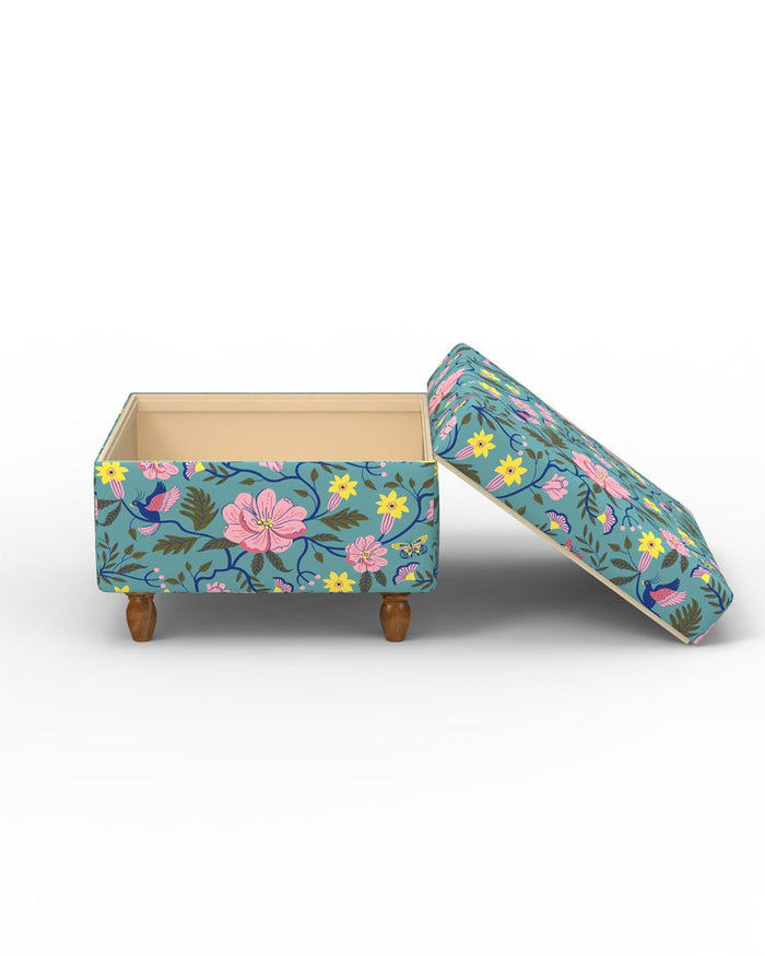 Chumbak Modern Trunk Storage Ottoman - Spring Bloom Teal