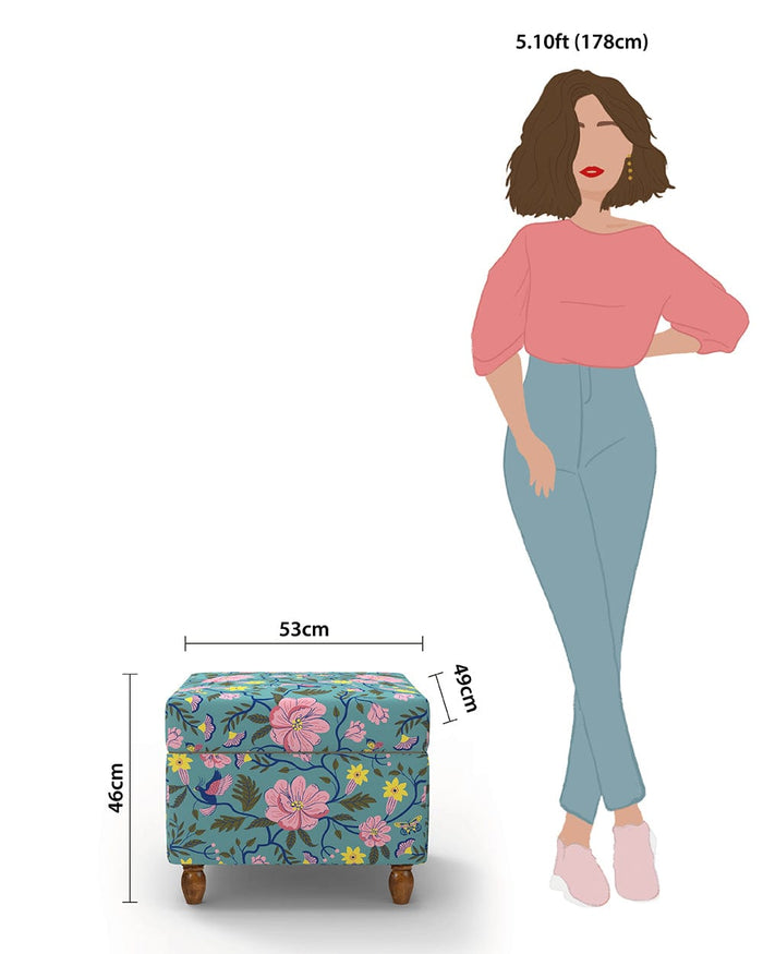 Chumbak Modern Trunk Storage Ottoman - Spring Bloom Teal
