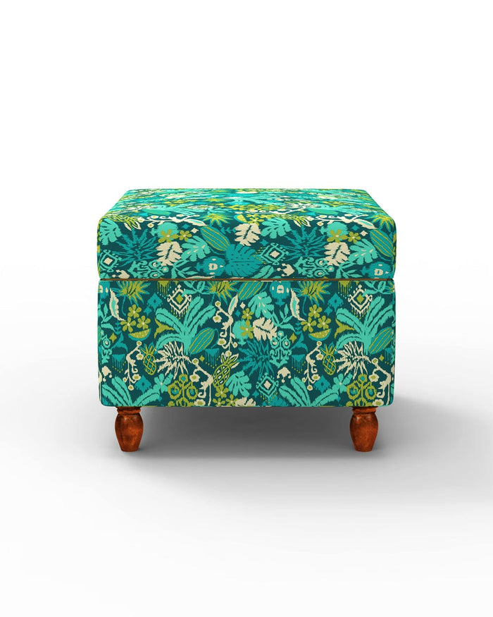 Chumbak Modern Trunk Storage Ottoman - Tropical Ikkat Green