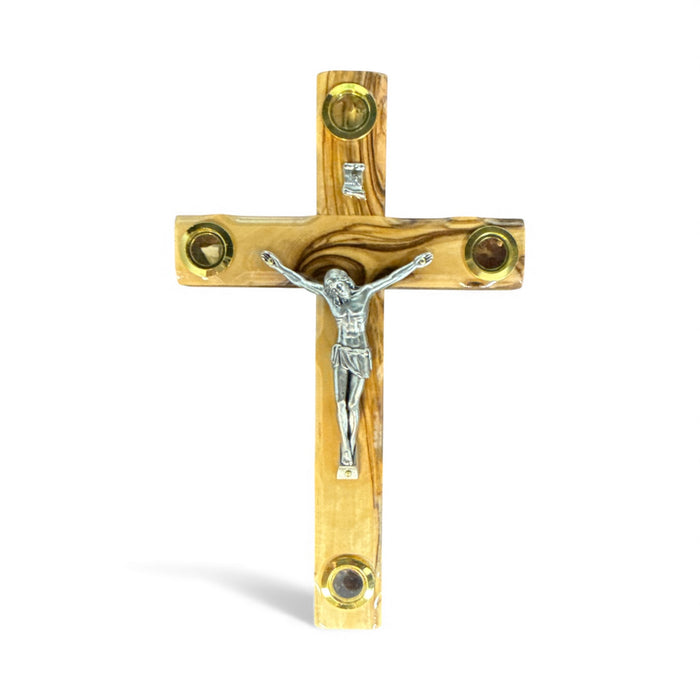 Olive Wood Wall Crucifix with Jerusalem Relics – Handcrafted in Bethlehem