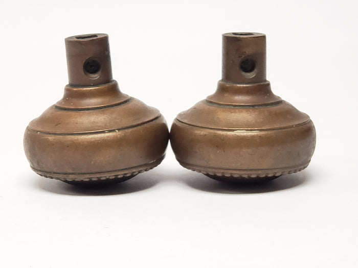 Pair of Antique Round Beaded Door Knobs - Dark Brass Finish