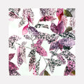 The artwork 'Patterned Garden' by Rachel Kohn features delicate watercolor leaves in shades of pink, purple, and olive green against a white background. The leaves showcase a speckled texture effect created with ink, giving them a dappled, organic appearance. The composition displays a flowing, abstract botanical pattern with translucent overlapping foliage.