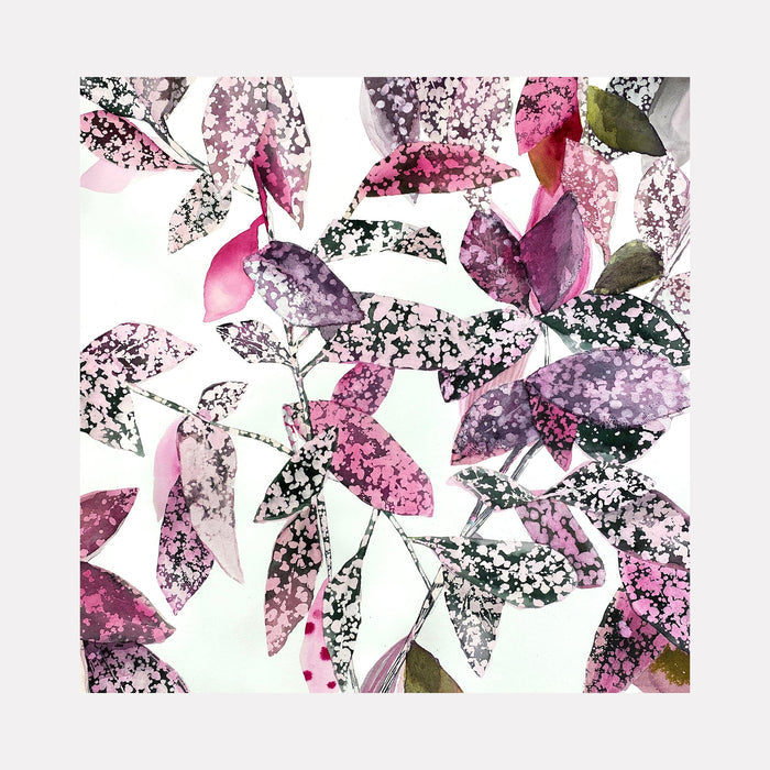 The artwork 'Patterned Garden' by Rachel Kohn features delicate watercolor leaves in shades of pink, purple, and olive green against a white background. The leaves showcase a speckled texture effect created with ink, giving them a dappled, organic appearance. The composition displays a flowing, abstract botanical pattern with translucent overlapping foliage.