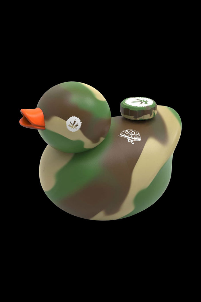 Front view of the Piecemaker Silicone Duck Water Pipe - Kwack, showcasing its vibrant yellow and detailed design.