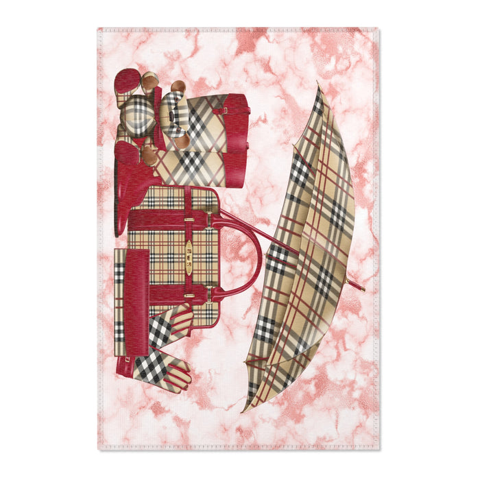 Plaid Travel Accessories Area Rug — Chic Luggage & Umbrella Accent Rug