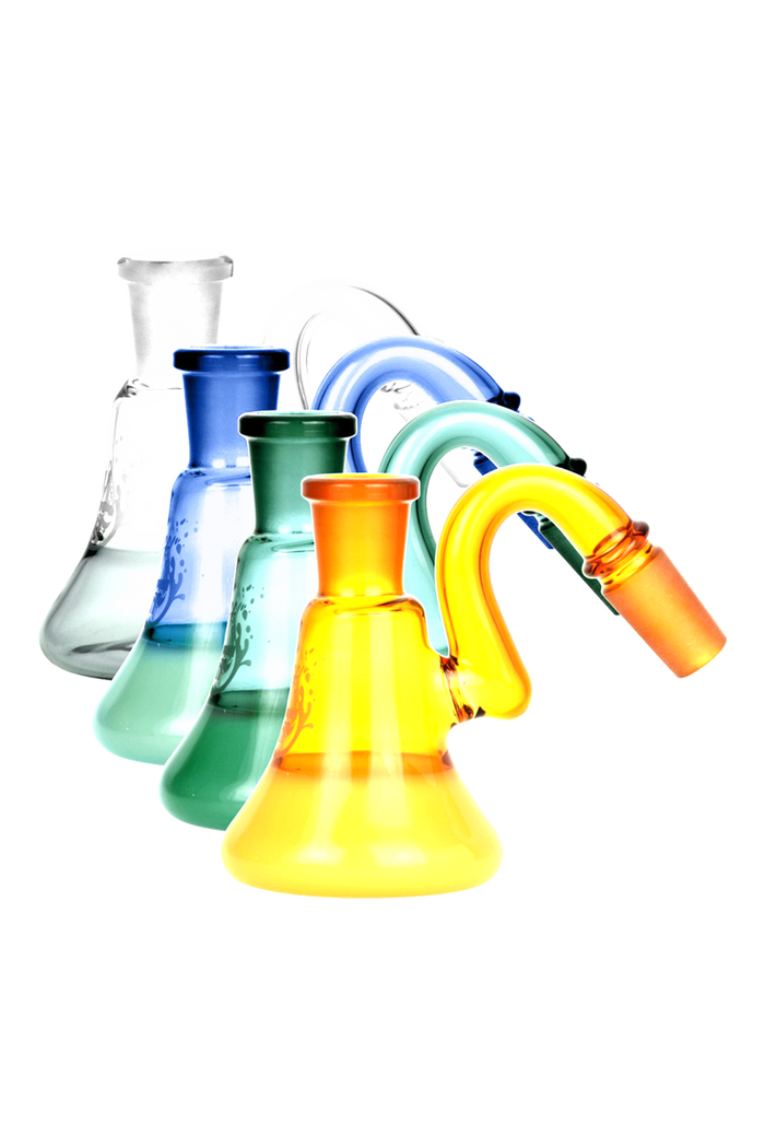 Front-facing arrangement of five colorful glass Pulsar 2 Tone Ash Catcher units in yellow, teal, green, blue, and clear on a white background
