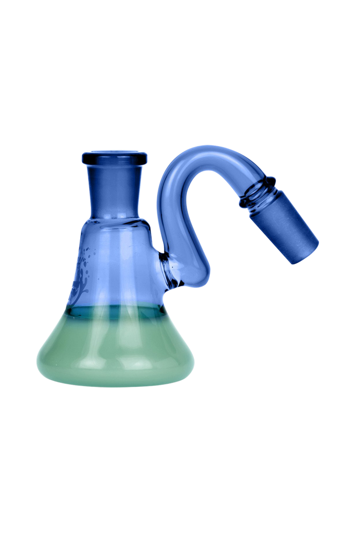 Front three-quarter view of the Pulsar 2 Tone Ash Catcher showing a blue curved neck and frosted green beaker base.