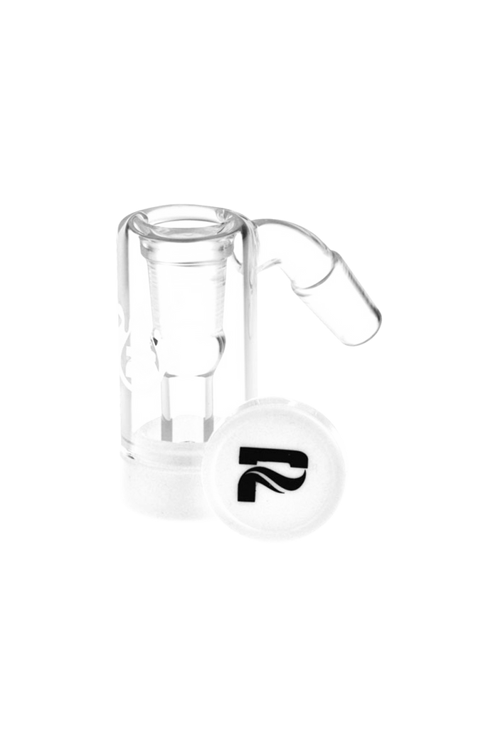 A close-up of the Pulsar 45 Degree Oil Reclaimer with Silicone Catch, showcasing its clear glass construction and angled design.