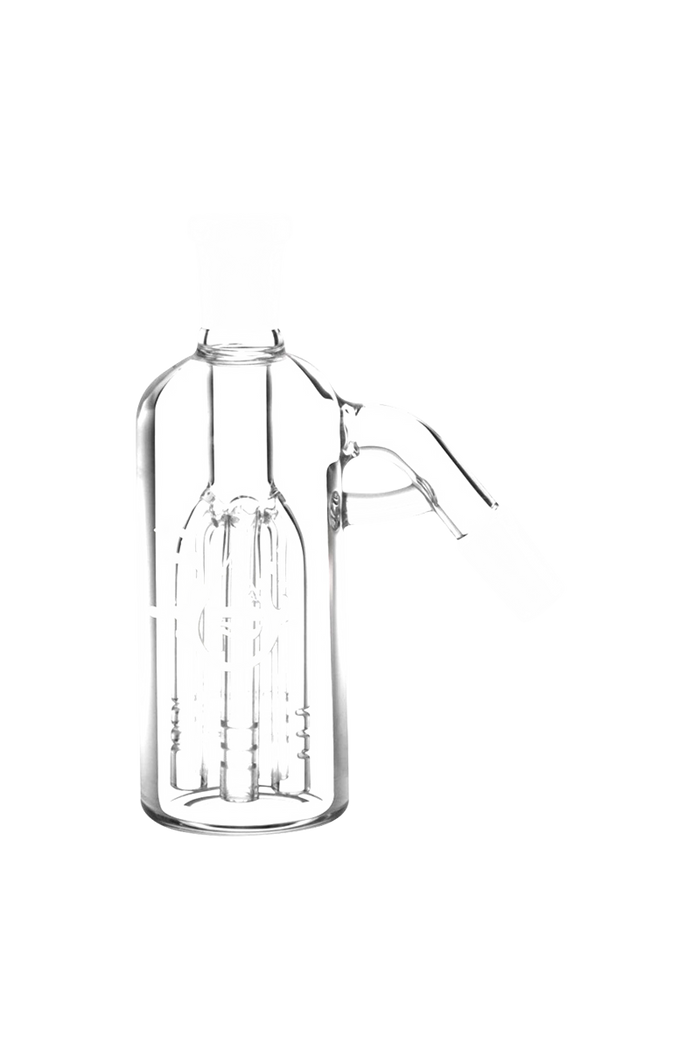 A side view of the Pulsar 5-Arm Tree Perc Ash Catcher, showcasing its clear glass construction and multi-arm percolator design.
