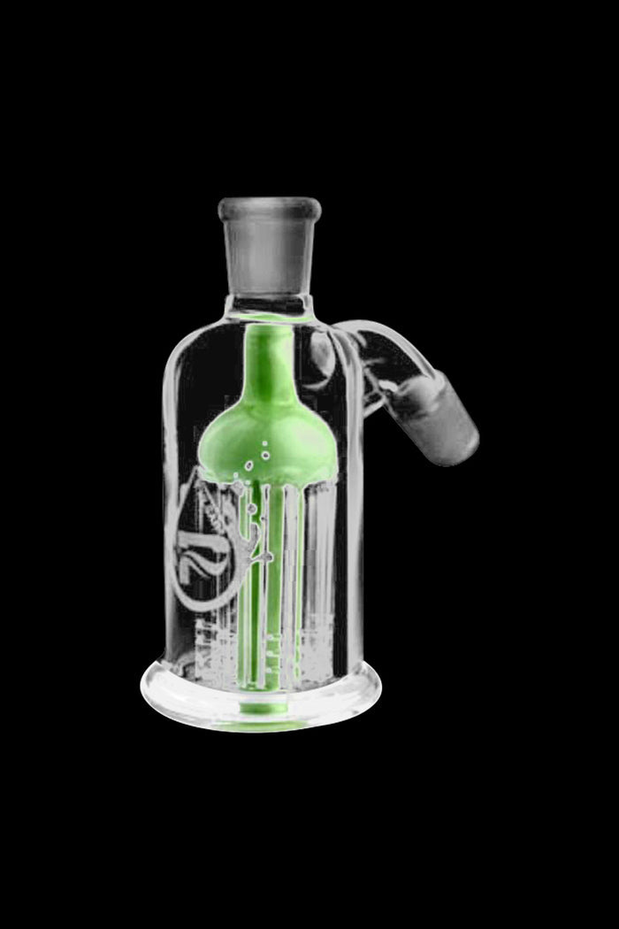 Center-front view of a clear Pulsar 8-Arm 45° Ash Catcher with a bright green internal carousel percolator against a black background