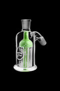 Center-front view of a clear Pulsar 8-Arm 45° Ash Catcher with a bright green internal carousel percolator against a black background