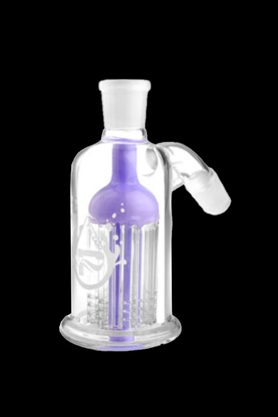 Purple glass bubbler with intricate percolation system.