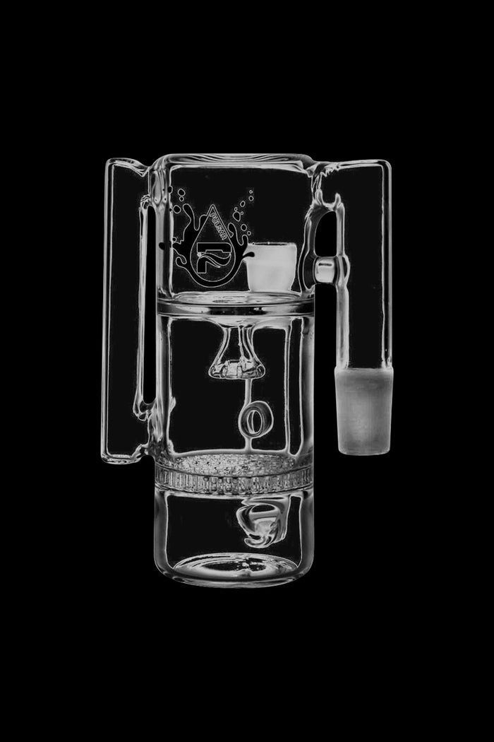 A front view of the Pulsar 90° Honeycomb Showerhead Recycler Ash Catcher, highlighting its clear glass construction and angled design.