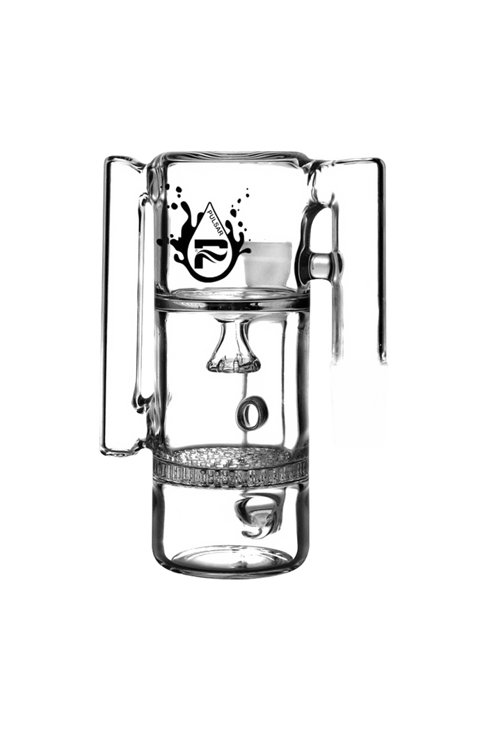 A three-quarter view of the Pulsar 90° Honeycomb Showerhead Recycler Ash Catcher, showcasing its glass construction and intricate honeycomb diffuser.