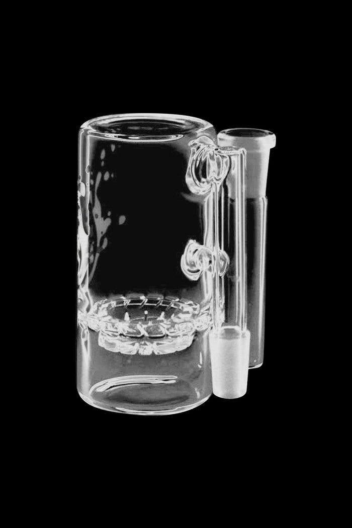A side view of the Pulsar 90° Turbine Ash Catcher, featuring a clear glass turbine percolator and angled connection.