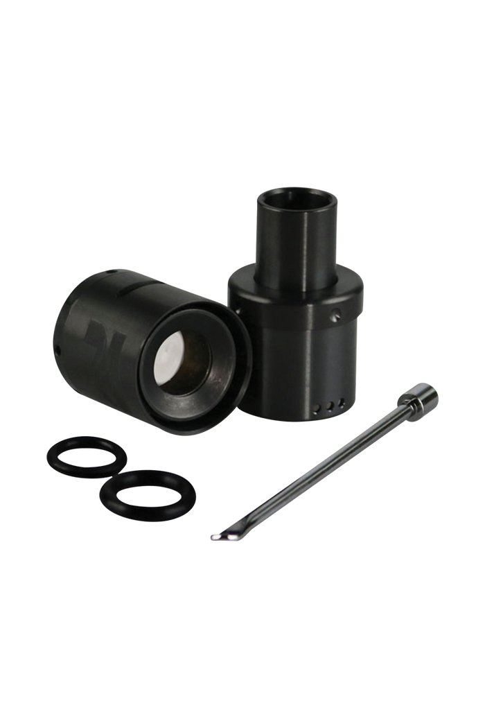 A slightly angled view of the Pulsar APX VOLT Blackout Atomizer Tank, disassembled with visible o-rings and a separate metal component.