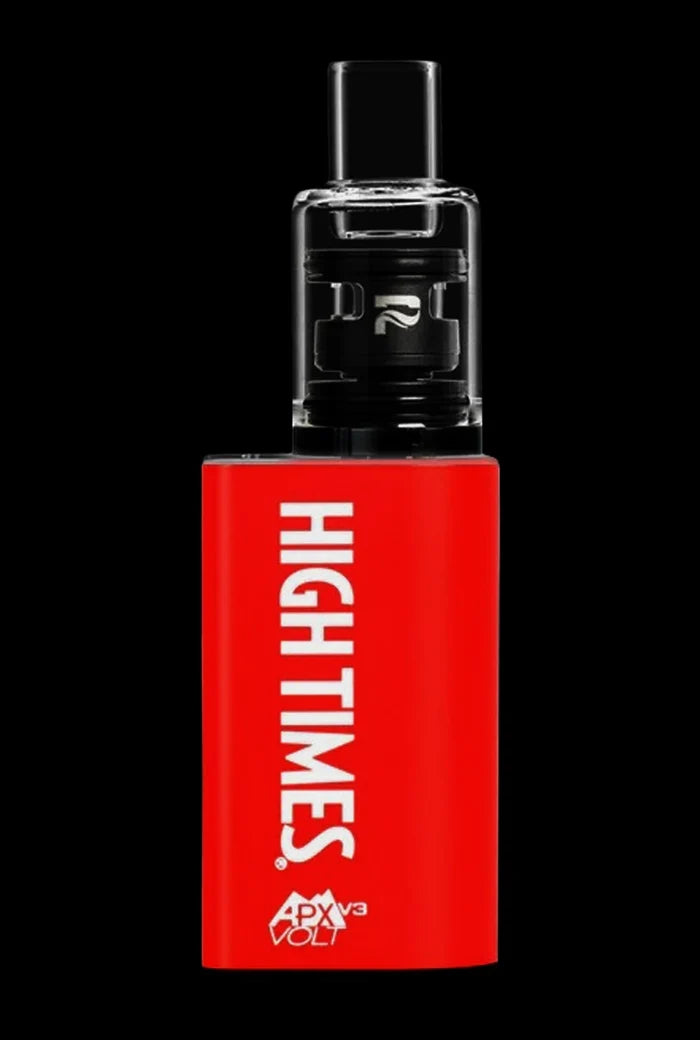Vertical close-up of the red Pulsar APX Volt V3 Vaporizer with clear mouthpiece and white "HIGH TIMES" text on black background