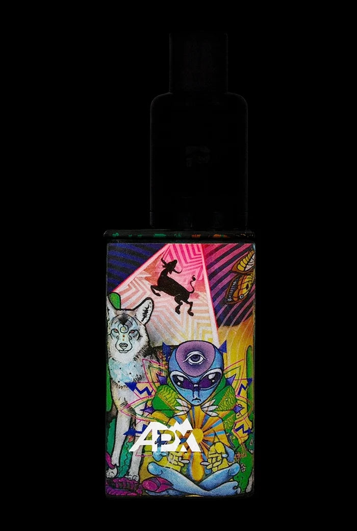 Front-facing shot of a black Pulsar APX Volt V3 Vaporizer with colorful psychedelic artwork featuring an alien with a third eye and a wolf on the lower panel.