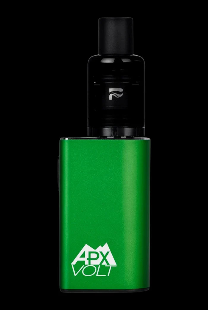 Close-up front view of the Pulsar APX Volt V3 Vaporizer in emerald green against a black background showing its logo.