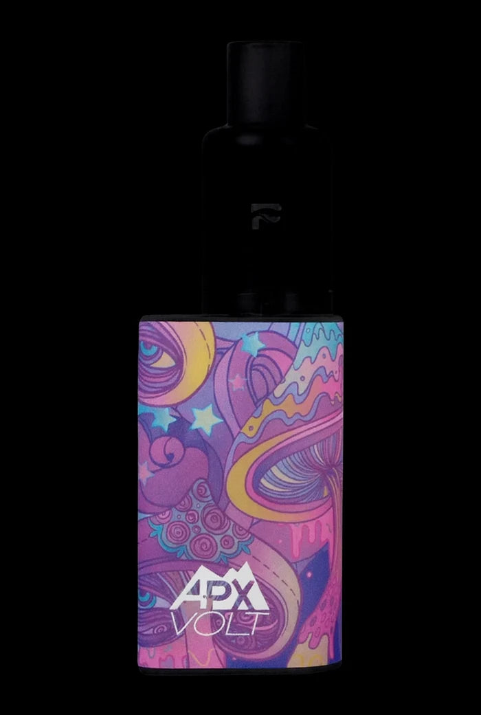 Centered front view of the Pulsar APX Volt V3 Vaporizer showing a colorful psychedelic "Melting Mushroom" panel against a black background.