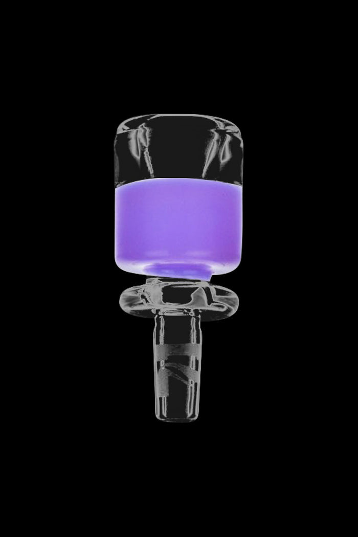 Close-up front view of the Pulsar Colored Glass Herb Slide showing a translucent purple bowl and clear glass joint against a black background.