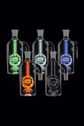 A studio shot displays multiple clear glass Pulsar Egg Perc Ash Catchers arranged in a vertical line against a black background.