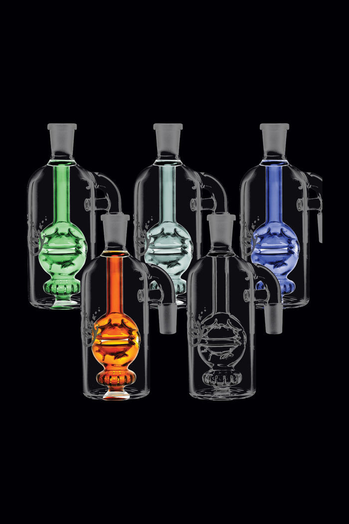 A studio shot displays multiple clear glass Pulsar Egg Perc Ash Catchers arranged in a vertical line against a black background.
