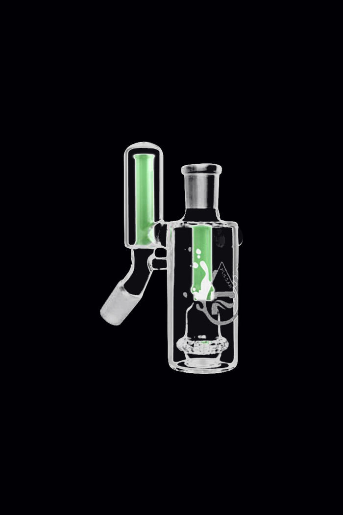 Front-facing image of the Pulsar "No Ash" Dual Chamber Ashcatcher against a black background, showing its clear glass cylinders and two neon green inner tubes.