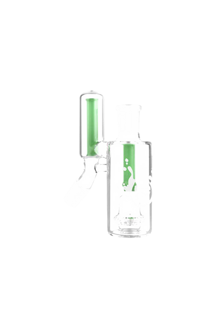 Centered front view of a clear glass Pulsar "No Ash" Dual Chamber Ashcatcher featuring two green internal tubes and a white logo on a white background