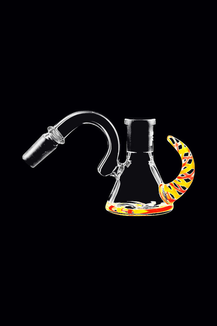 Side view of the Pulsar Worked Ash Catcher 45 Degree on a black background showing clear glass construction and a curved, colorful orange-yellow handle.