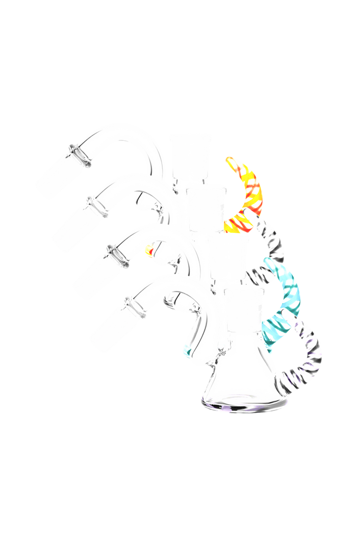 Angled front view of the Pulsar Worked Ash Catcher 45 Degree with a clear glass body and colorful twisted glass accents.