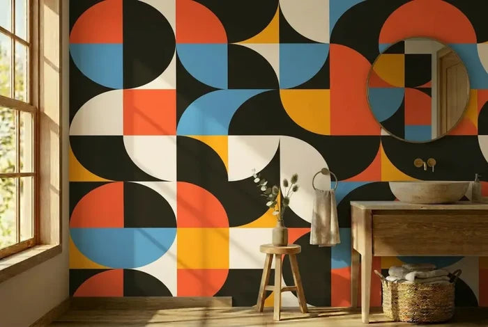 Retro 60s Geometric Stick & Peel Wallpaper: Midcentury Removable Mural - 144’’x100’’ - retro wallpaper