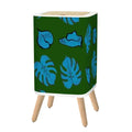 Retro 70s Square Small Trash Can with Lid Dark Green with Blue Leaves - One Size - retro tash cans