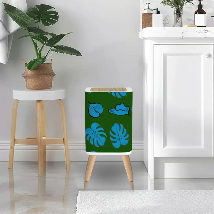 Retro 70s Square Small Trash Can with Lid Dark Green with Blue Leaves - One Size - retro tash cans