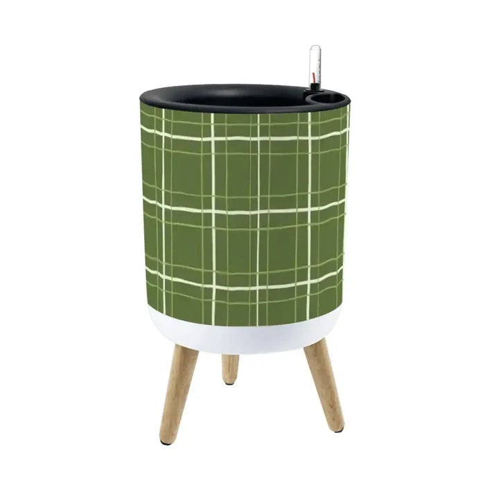Retro Flower Pot - 70s Scandi Style Plant Pot with Wooden Legs Green Plaid - Home Accessories