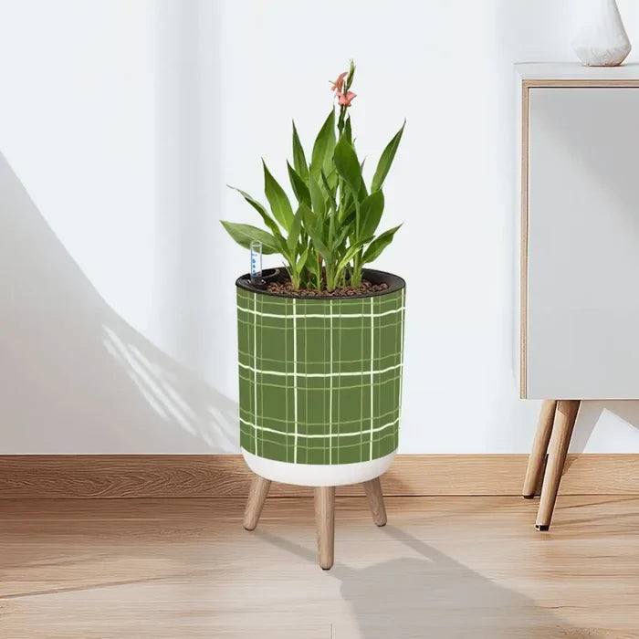 Retro Flower Pot - 70s Scandi Style Plant Pot with Wooden Legs Green Plaid - Home Accessories