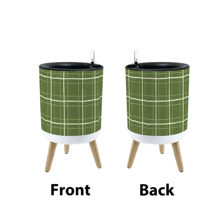 Retro Flower Pot - 70s Scandi Style Plant Pot with Wooden Legs Green Plaid - Home Accessories