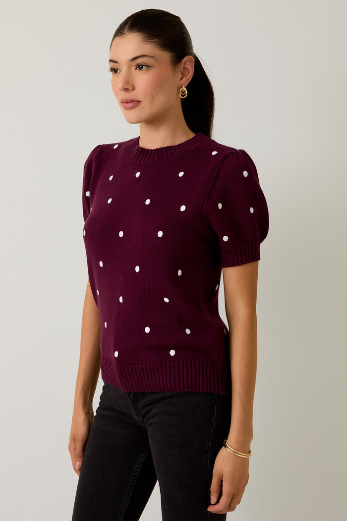 Round Neck Puff Sleeve Polka Dot Sweater